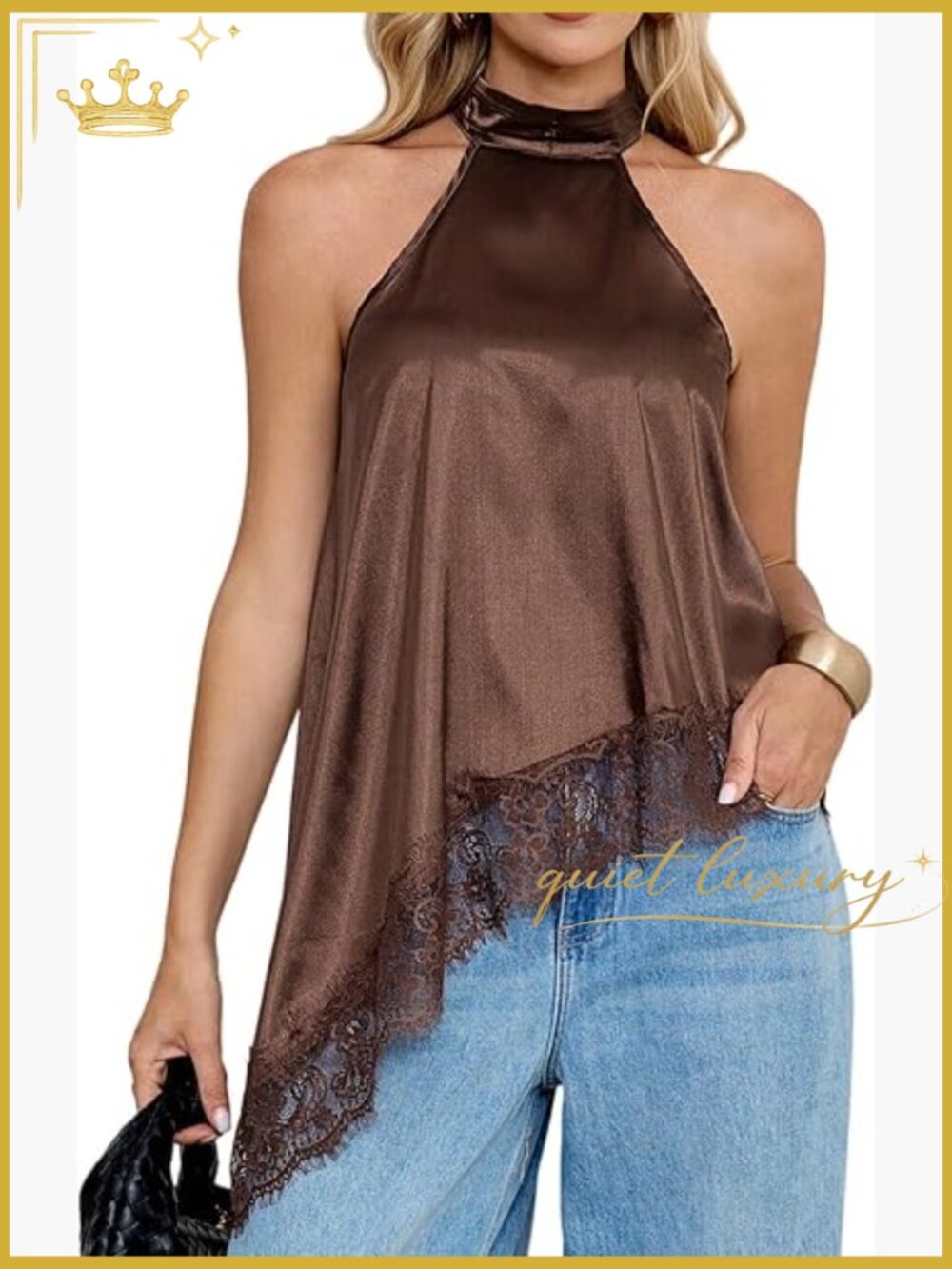 Women's Y2K Halter Top Satin Mock Neck Sleeveless Lace Trim Asymmetrical Hem